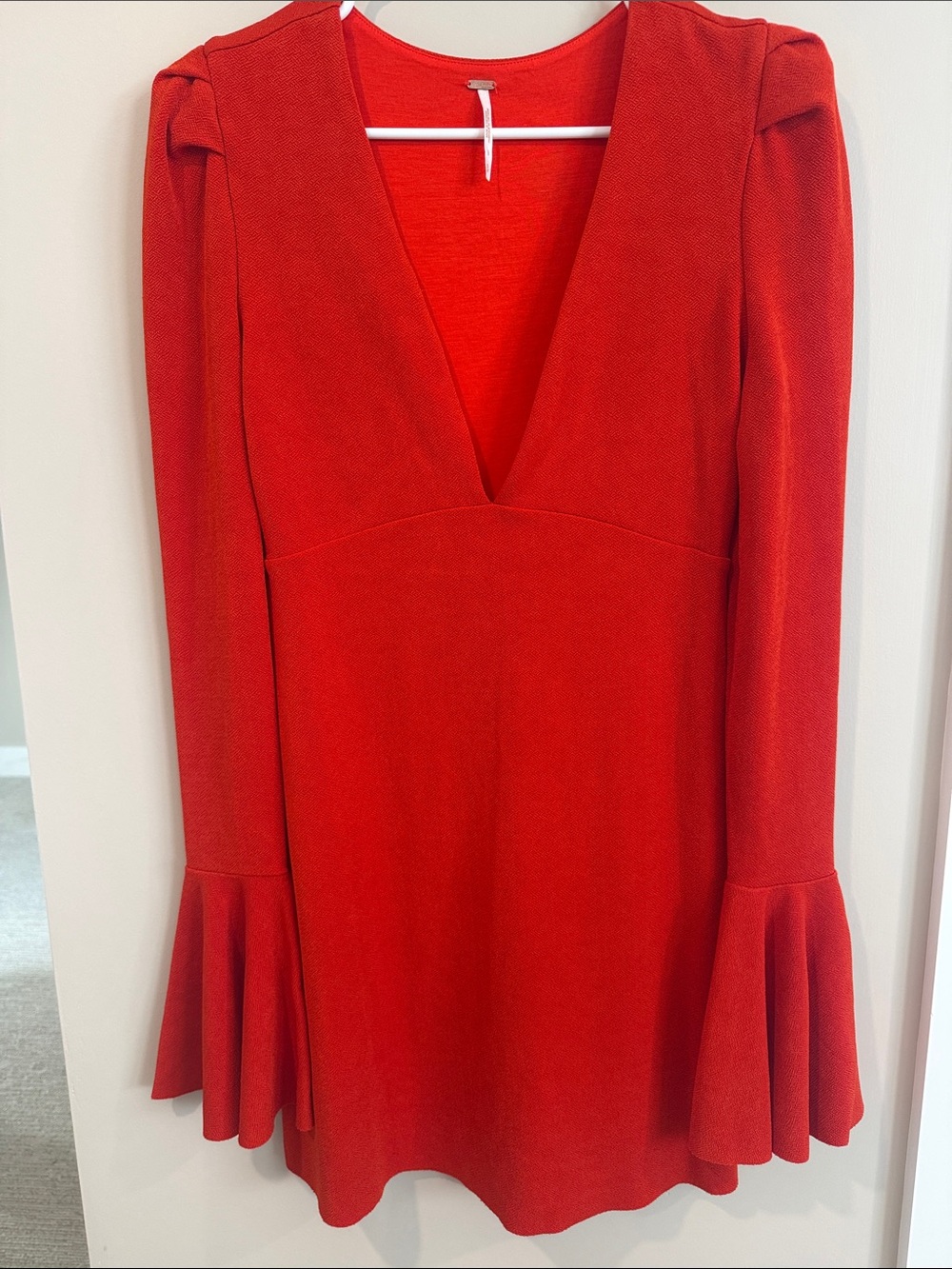 Free People Red V-Neck Long Sleeve Flounce Dress